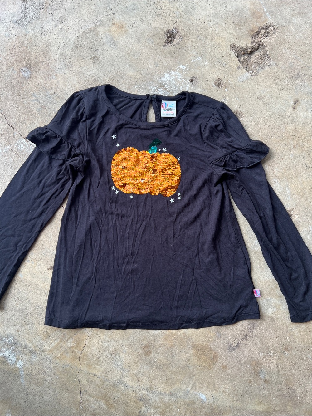 Black Long Sleeve Top with Orange Sequin Pumpkin